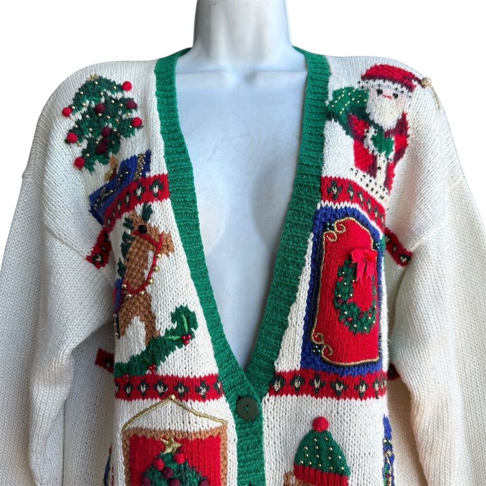 VTG 1994 Marisa Christina Christmas Ugly Sweater Cardigan Petite PL Grannycore - Picture 4 of 7
